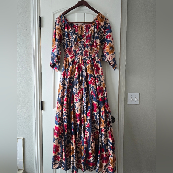 ✨️Free People Printed Maxi Dress Floral Smocked Boho XS Oversized Resort Wear - Picture 6 of 15